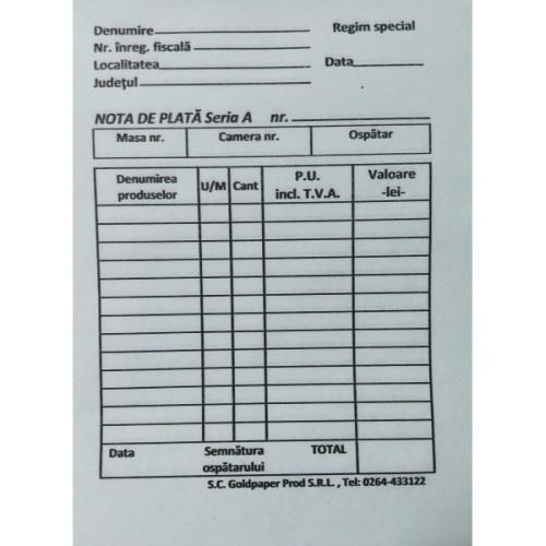 NOTA PLATA AUTOCOPIATIV 2EXEMPLARE